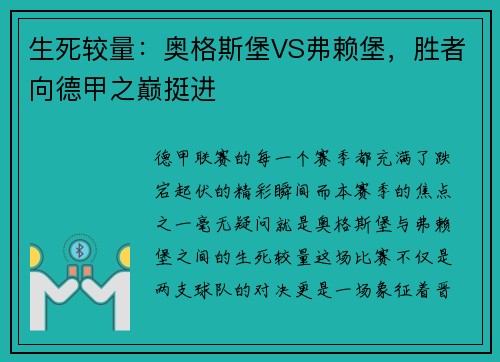 生死较量：奥格斯堡VS弗赖堡，胜者向德甲之巅挺进