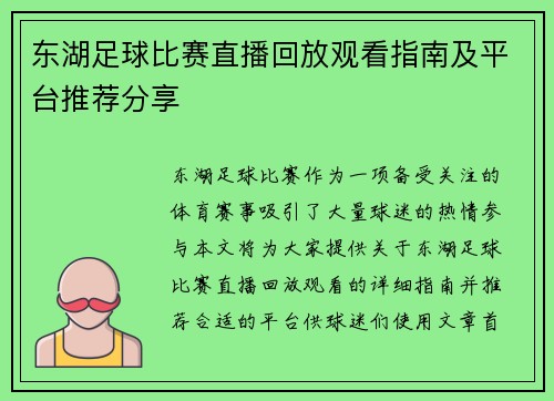 东湖足球比赛直播回放观看指南及平台推荐分享
